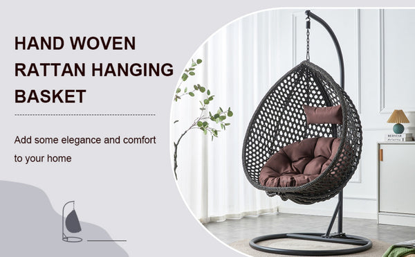 English Elm 76.8-inch Hand Woven Rattan Egg Swing Chair Indoor Outdoor with Cushion Lumbar Pillow Black W1512P498596
