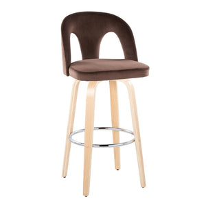 English Elm Fixed-height Swivel Barstools Velvet Seat Bentwood Legs Chrome Footrest Set of 2 B202S02154