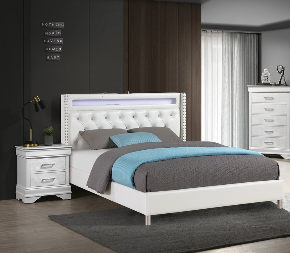 English Elm Modern Tufted Queen Platform Bed Faux Leather Led Headboard with Built-in Charging Port B011S02071
