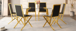 English Elm Table Set Oval Tempered Glass Top with Six Shell Back Pu Chairs Modern Dining Room Black+Gold,Transparent W1151S04791