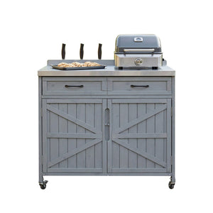 English Elm K&k Outdoor Prep Station Stainless Steel Top Fir Wood Cabinet with Drawer and Wheels Grey+Blue N707P370273G