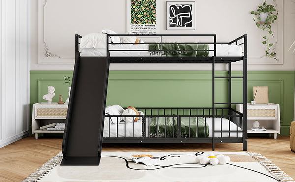 English Elm Full Full over Full Metal Bunk Bed with Slide, Interchangeable Stairs, Gate & Safety Guardrails for Kids Black SF000170AAB