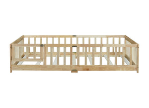 English Elm Full Size Rubber Wood Floor Bed with Surrounding Fence Door and Safety Guardrails W504P370522