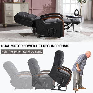 English Elm Power Lift Recliner Chair Chenille Upholstery Dual Motor Heat Massage Solid Wood Arms Black W1803S00076