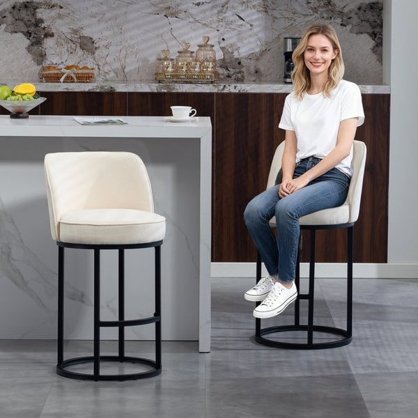 English Elm Counter Height Barstools Set of 2 Linen Upholstered Barrel Seat with Iron Legs Beige W395P410430