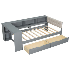 English Elm Wood Twin Size Platform Bed With Storage, Charging Station & Upholstered Headboard - Gray Design GX002107AAE-1-GIGA