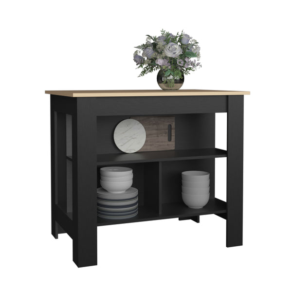 English Elm Kitchen Island with Spacious Leg Room and Wide Prep Top, 3 Open Shelves for Cookware & Storage Black+Natural 48.43 L x 32.68 W x 4.33 H B097P250923