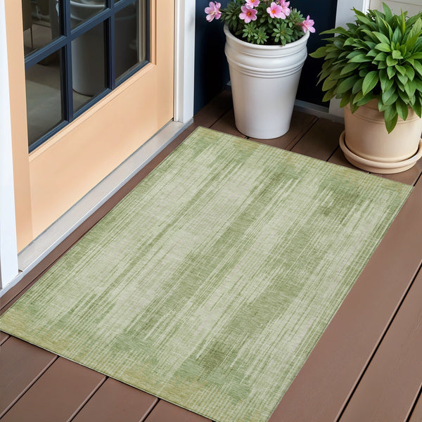 Homeroots 3' Artichoke Green And Ivory Striped Washable Area Rug For Indoor Or Outdoor Spaces, Durable Design 3' X 5' Polyester 593036
