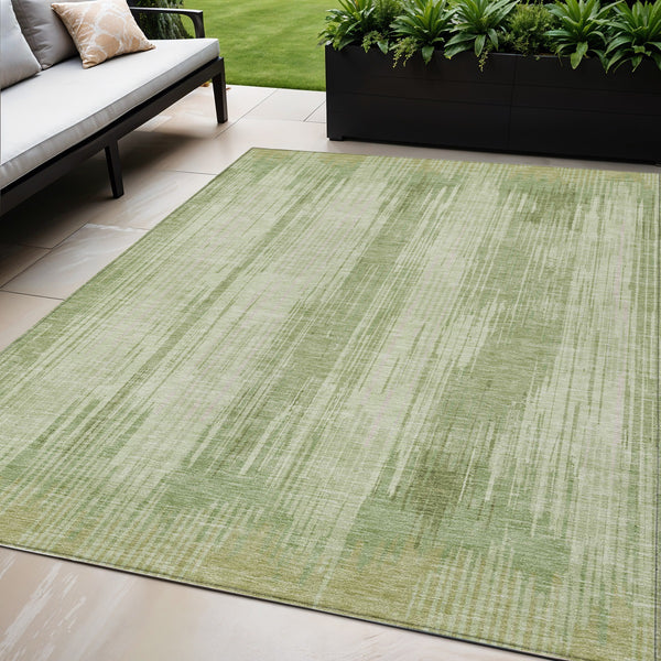 Homeroots 3' Artichoke Green And Ivory Striped Washable Area Rug For Indoor Or Outdoor Spaces, Durable Design 5' X 8' Polyester 593037