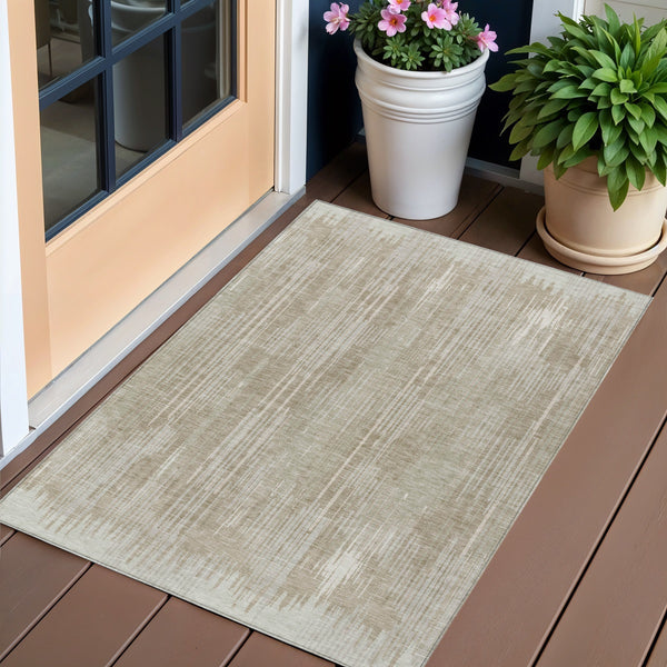 Homeroots 3' Artichoke Green And Ivory Striped Washable Area Rug For Indoor Or Outdoor Spaces, Durable Design 3' X 5' Polyester 593042