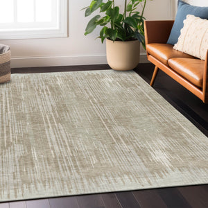 Homeroots 3' Artichoke Green And Ivory Striped Washable Area Rug For Indoor Or Outdoor Spaces, Durable Design 10' X 14' Polyester 593047