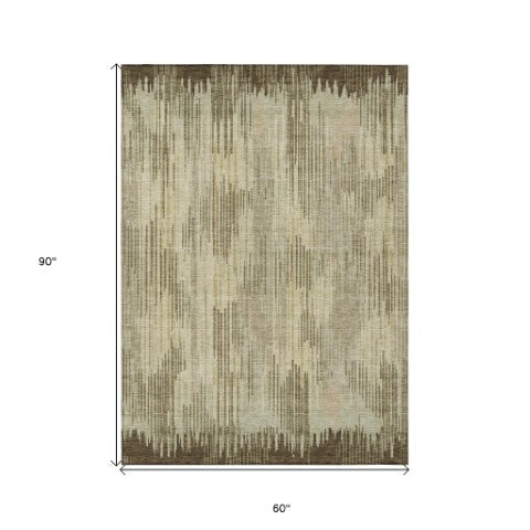 Homeroots 3' Artichoke Green And Ivory Striped Washable Area Rug For Indoor Or Outdoor Spaces, Durable Design 5' X 8' Polyester 593049