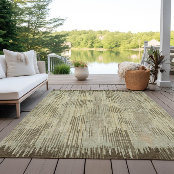 Homeroots 3' Artichoke Green And Ivory Striped Washable Area Rug For Indoor Or Outdoor Spaces, Durable Design 9' X 12' Polyester 593052