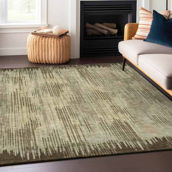 Homeroots 3' Artichoke Green And Ivory Striped Washable Area Rug For Indoor Or Outdoor Spaces, Durable Design 10' X 14' Polyester 593053