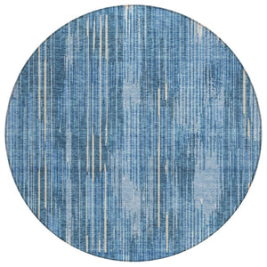 HomeRoots 5' Durable Blue and Ivory Striped Area Rug – Versatile Indoor-Outdoor Design for Easy Maintenance 8' Round 593056