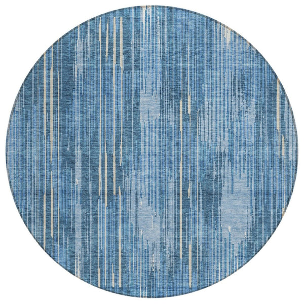 HomeRoots 5' Durable Blue and Ivory Striped Area Rug – Versatile Indoor-Outdoor Design for Easy Maintenance 8' Round 593056