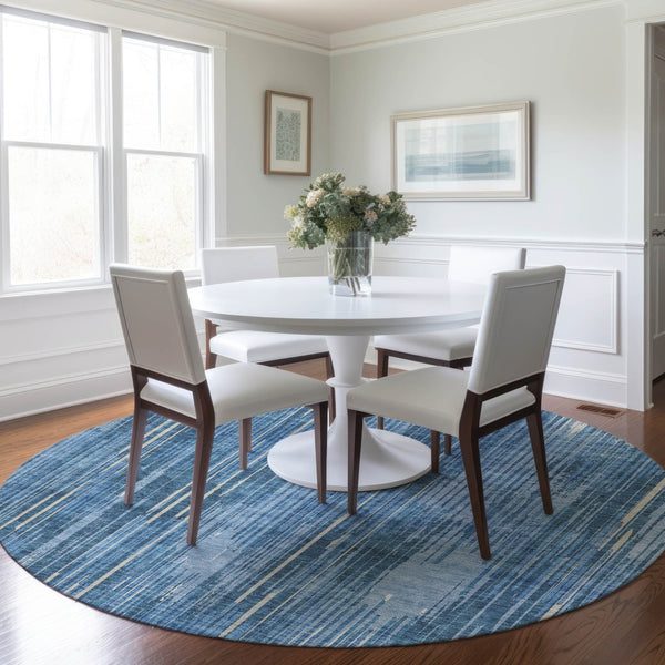 Homeroots 3' Artichoke Green And Ivory Striped Washable Area Rug For Indoor Or Outdoor Spaces, Durable Design 8' Round Polyester 593056