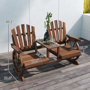 English Elm Stable Outdoor Fir Wood Bench with Wagon Wheel Legs and Built in Center Table T3971P446196