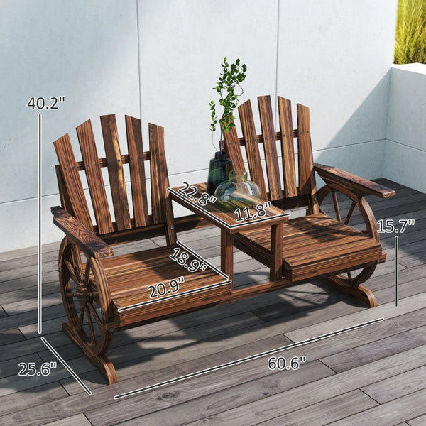 English Elm Stable Outdoor Fir Wood Bench with Wagon Wheel Legs and Built in Center Table T3971P446196
