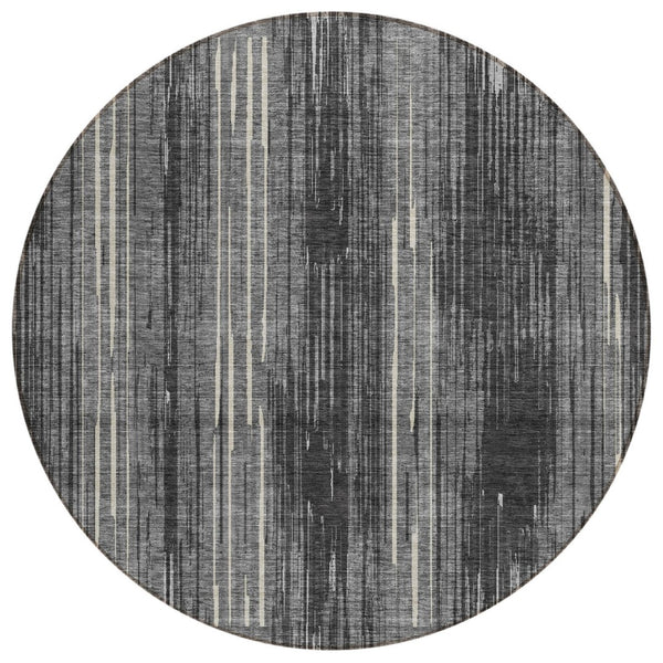 HomeRoots 5' Charcoal Gray and Ivory Striped Rug – Durable, Washable Design for Indoor and Outdoor Spaces 8' Round 593062