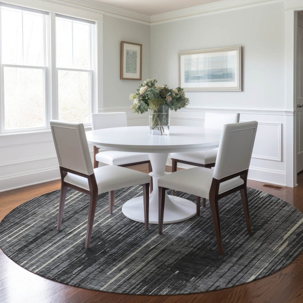 Homeroots 3' Artichoke Green And Ivory Striped Washable Area Rug For Indoor Or Outdoor Spaces, Durable Design 8' Round Polyester 593062