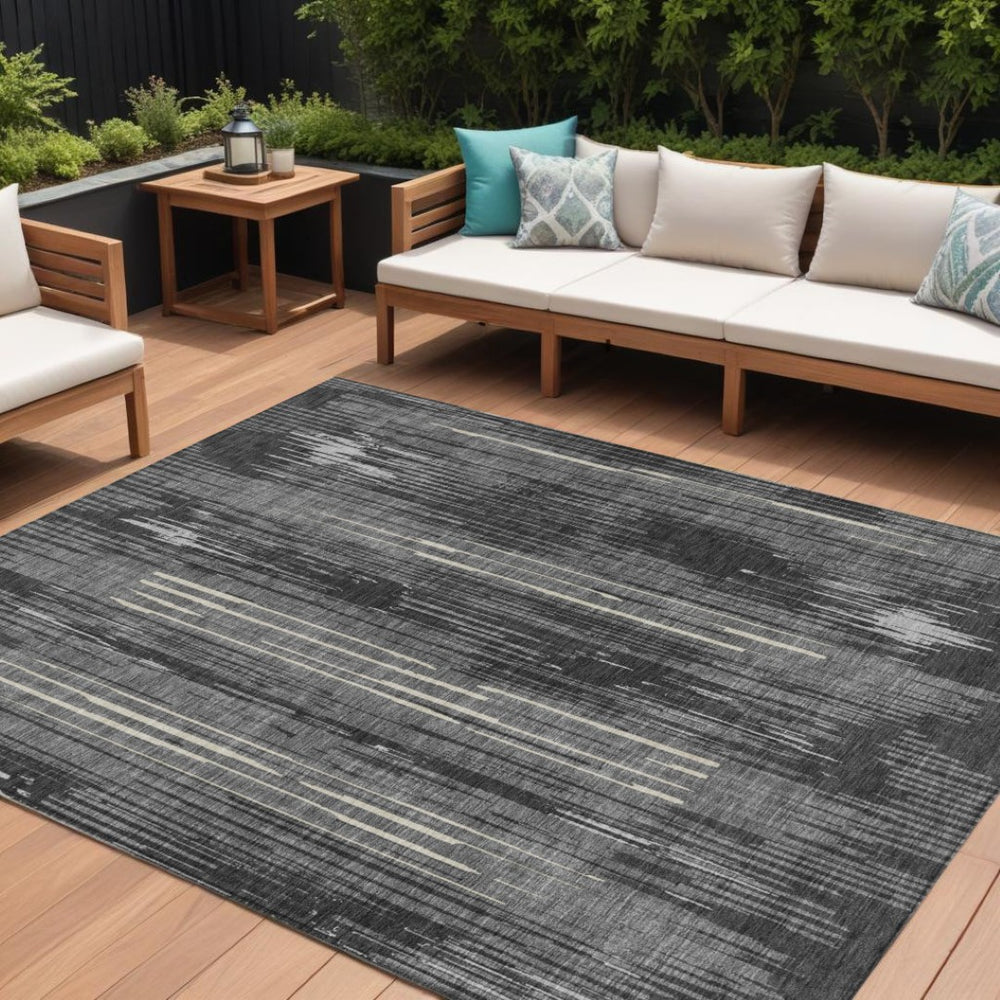 HomeRoots 5' Charcoal Gray and Ivory Striped Rug – Durable, Washable Design for Indoor and Outdoor Spaces 10' X 14' 593065