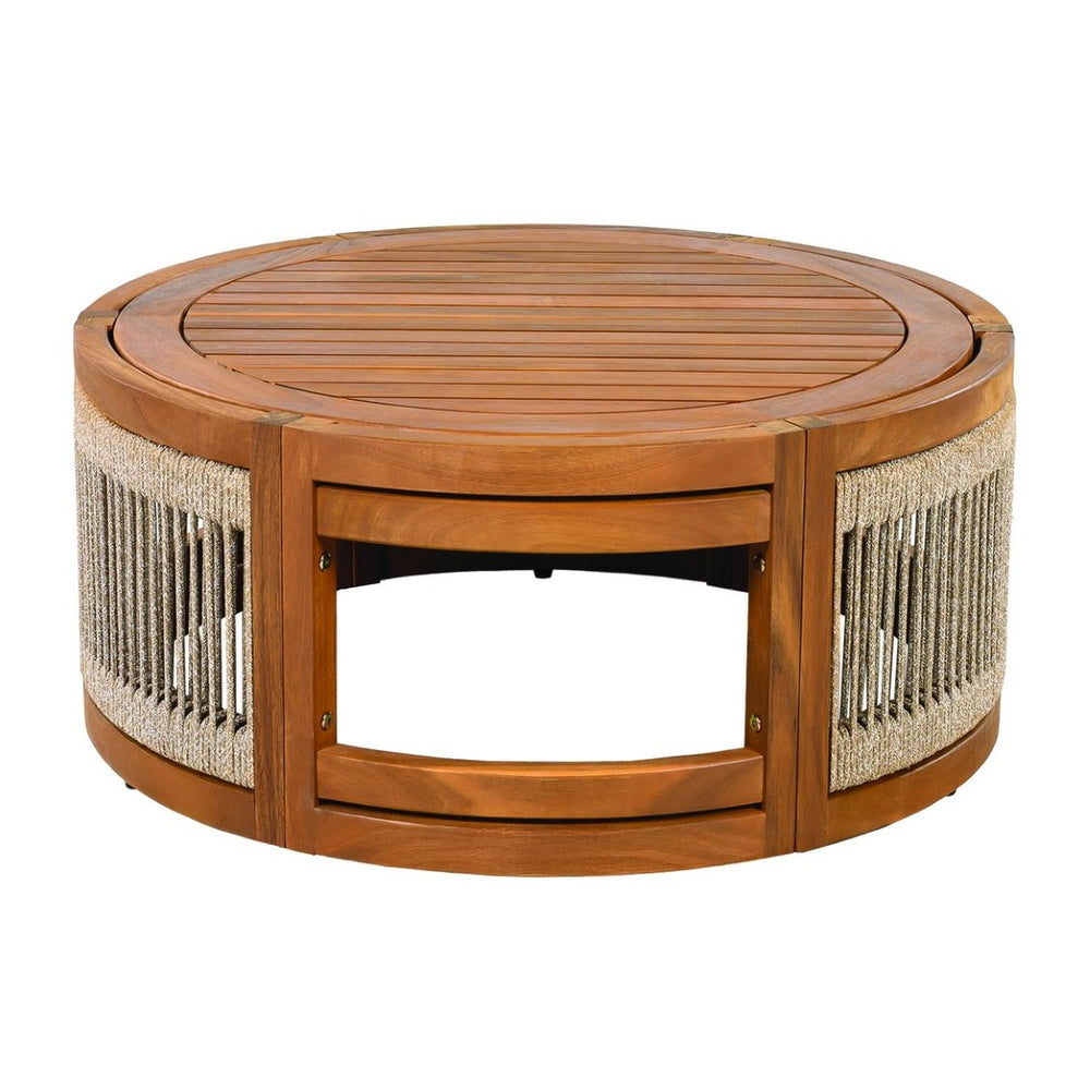 English Elm 27.95" Acacia Hardwood Outdoor Coffee Table with Handwoven Rope Base Boho Patio Accent N767P367657A