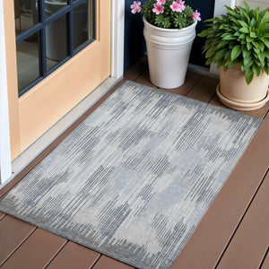 Homeroots 3' Artichoke Green And Ivory Striped Washable Area Rug For Indoor Or Outdoor Spaces, Durable Design 3' X 5' Polyester 593072