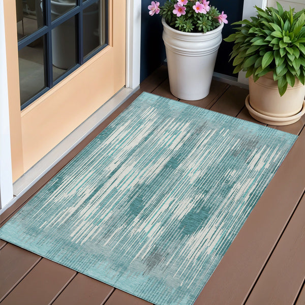 Homeroots 3' Artichoke Green And Ivory Striped Washable Area Rug For Indoor Or Outdoor Spaces, Durable Design 3' X 5' Polyester 593090