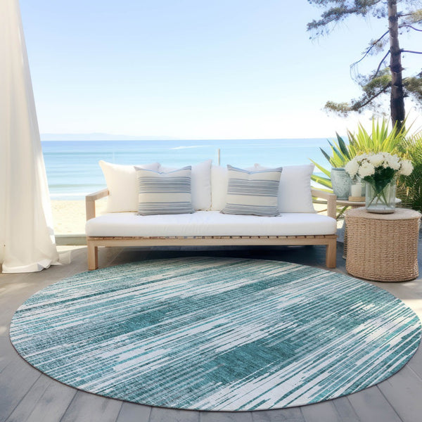 Homeroots 3' Artichoke Green And Ivory Striped Washable Area Rug For Indoor Or Outdoor Spaces, Durable Design 8' Round Polyester 593092
