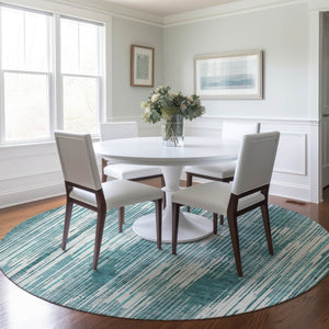 Homeroots 3' Artichoke Green And Ivory Striped Washable Area Rug For Indoor Or Outdoor Spaces, Durable Design 8' Round Polyester 593092