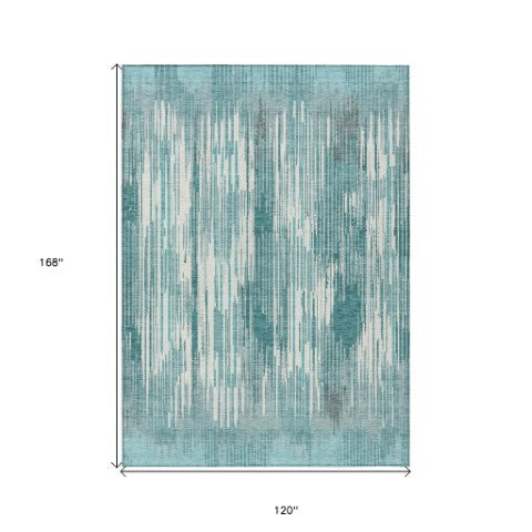 Homeroots 3' Artichoke Green And Ivory Striped Washable Area Rug For Indoor Or Outdoor Spaces, Durable Design 10' X 14' Polyester 593095