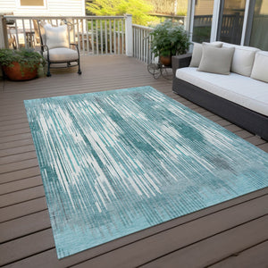Homeroots 3' Artichoke Green And Ivory Striped Washable Area Rug For Indoor Or Outdoor Spaces, Durable Design 10' X 14' Polyester 593095