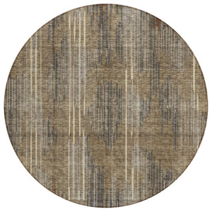 HomeRoots 5' Stylish Taupe Gray and Ivory Striped Washable Area Rug for Indoor and Outdoor High-Traffic Spaces 8' Round 593098