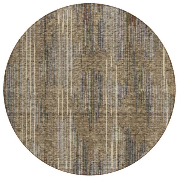 HomeRoots 5' Stylish Taupe Gray and Ivory Striped Washable Area Rug for Indoor and Outdoor High-Traffic Spaces 8' Round 593098