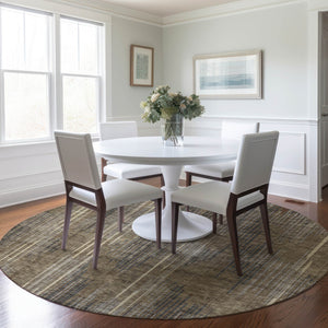 Homeroots 3' Artichoke Green And Ivory Striped Washable Area Rug For Indoor Or Outdoor Spaces, Durable Design 8' Round Polyester 593098