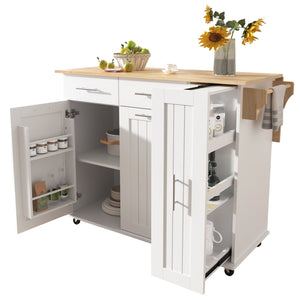English Elm K&K Kitchen Island with Drop Leaf, Rolling Storage Cart with 3-Tier Pull-Out Organizer, Durable Wood Countertop White WF531421AAW