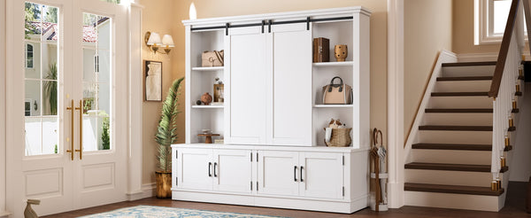 English Elm The Industrial Barn Door Entryway Cabinet with Sliding Rails and 12 Storage Compartments White W1580S00271