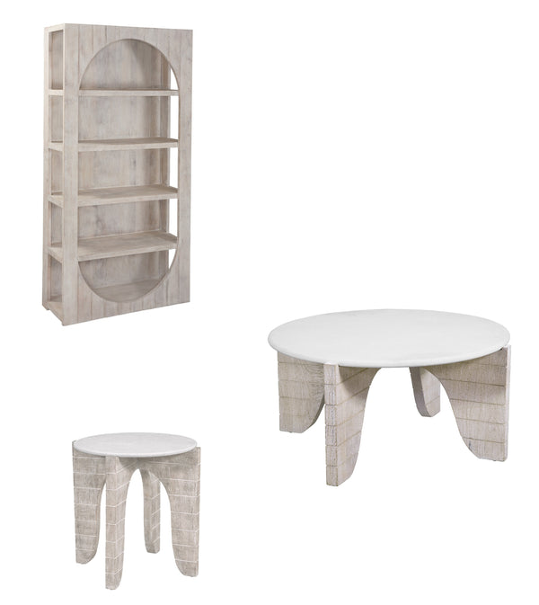 Basset Mirror Bali Round End Table - Coastal Modern Farmhouse Design With Solid Mango Base & Faux Plaster Top White  5931-lr-220