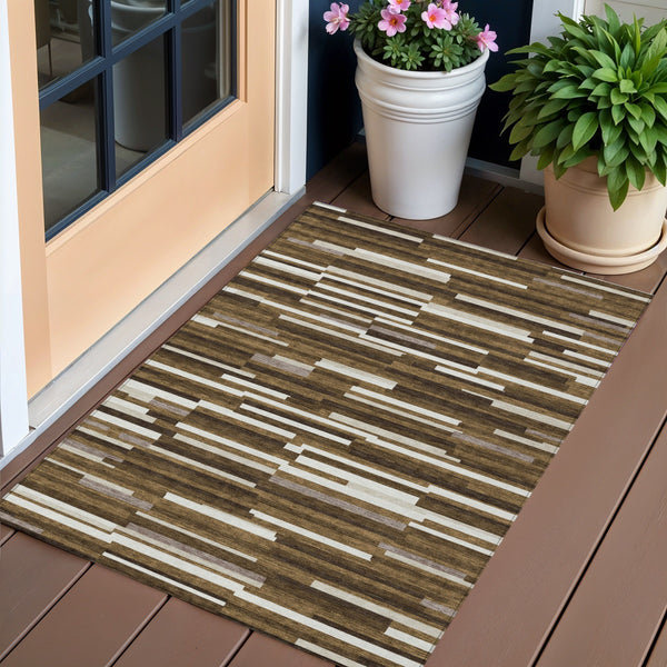 Homeroots 3' Brown And Ivory Striped Washable Area Rug - Stylish Comfort For Indoor And Outdoor Spaces 3' X 5' Polyester 593102