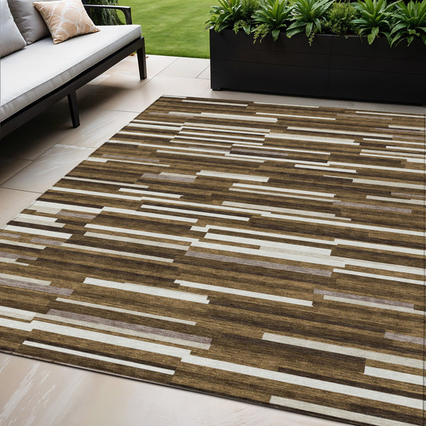 Homeroots 3' Brown And Ivory Striped Washable Area Rug - Stylish Comfort For Indoor And Outdoor Spaces 5' X 8' Polyester 593103