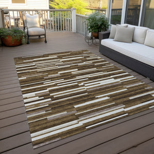 Homeroots 3' Brown And Ivory Striped Washable Area Rug - Stylish Comfort For Indoor And Outdoor Spaces 5' X 8' Polyester 593103