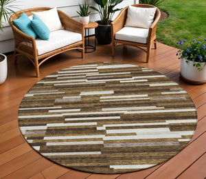 Homeroots 3' Brown And Ivory Striped Washable Area Rug - Stylish Comfort For Indoor And Outdoor Spaces 8' Round Polyester 593104
