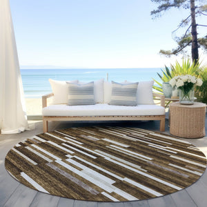 Homeroots 3' Brown And Ivory Striped Washable Area Rug - Stylish Comfort For Indoor And Outdoor Spaces 8' Round Polyester 593104