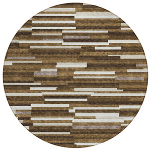 HomeRoots 5' Stylish Brown and Ivory Striped Area Rug - Durable Indoor/Outdoor Design for High-Traffic Spaces 8' Round 593104