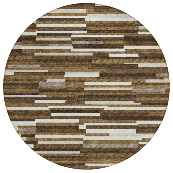 HomeRoots 5' Stylish Brown and Ivory Striped Area Rug - Durable Indoor/Outdoor Design for High-Traffic Spaces 8' Round 593104