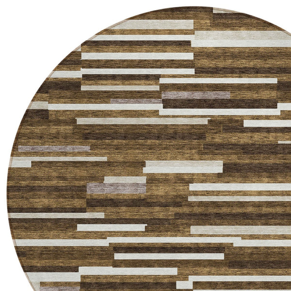 Homeroots 3' Brown And Ivory Striped Washable Area Rug - Stylish Comfort For Indoor And Outdoor Spaces 8' Round Polyester 593104