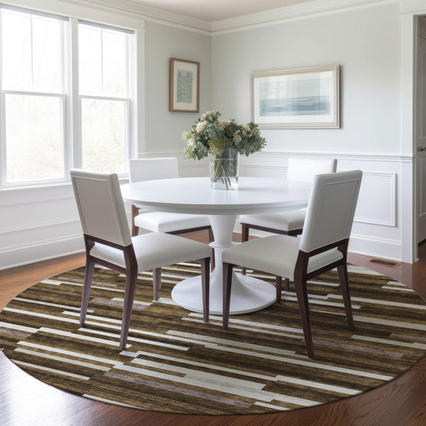 Homeroots 3' Brown And Ivory Striped Washable Area Rug - Stylish Comfort For Indoor And Outdoor Spaces 8' Round Polyester 593104