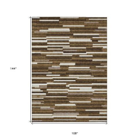 Homeroots 3' Brown And Ivory Striped Washable Area Rug - Stylish Comfort For Indoor And Outdoor Spaces 9' X 12' Polyester 593106