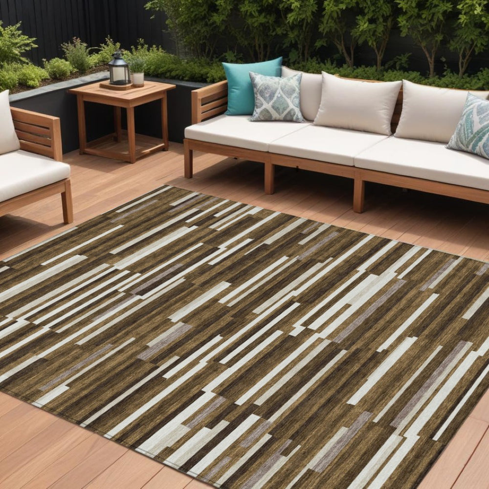 HomeRoots 9' Stylish Brown and Ivory Striped Indoor Outdoor Area Rug - Durable, Washable, and Versatile Design 9' X 12' 593106
